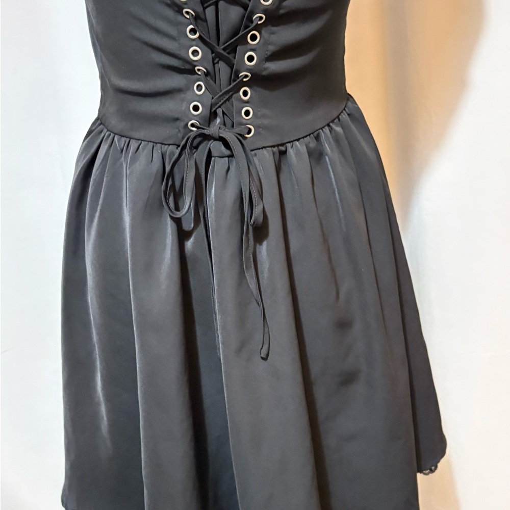 Black Corset Fit Flare Milkmaid Mini Dress Coquette Dark Fairy Goth Size Small - Picture 7 of 8